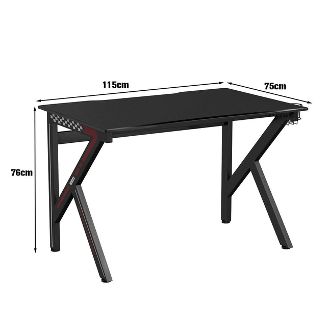 K-förmiger Gaming-Tisch mit Kopfhörerhaken, Getränkehalter und Kabelmanagement, ergonomischer Computertisch, Schwarz
