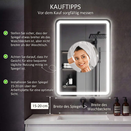 LED Bathroom Mirror 70 x 100 cm with Anti-Fog, Touch Control, Dimmable, Silver