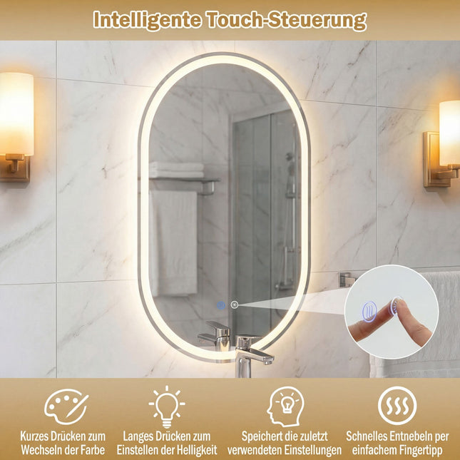 LED-Badezimmerspiegel, 80x50 cm, Hintergrundbeleuchtung, Antibeschlag, Touch-Steuerung