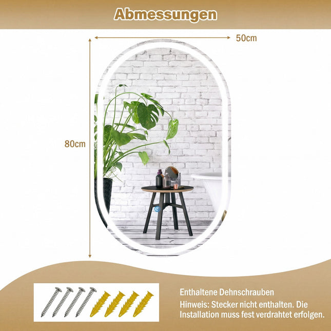 LED-Badezimmerspiegel, 80x50 cm, Hintergrundbeleuchtung, Antibeschlag, Touch-Steuerung