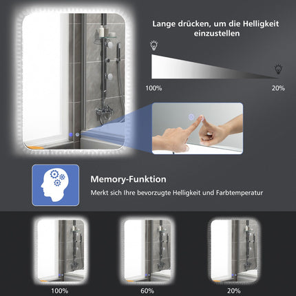 Miroir de salle de bain LED 80 x 60 cm, intensité réglable, antibuée