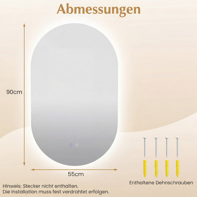LED Badspiegel, 90x55 cm, Antibeschlag, Dimmbares Licht