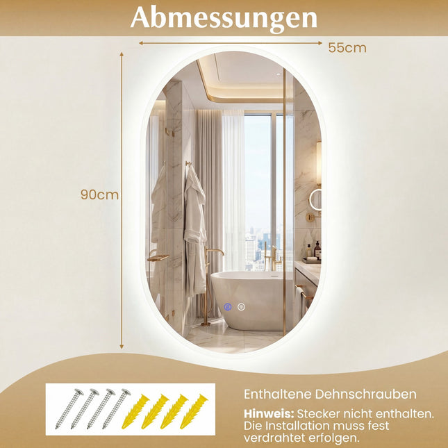 LED Badezimmerspiegel, 90x55 cm, Antibeschlag, Touch-Steuerung