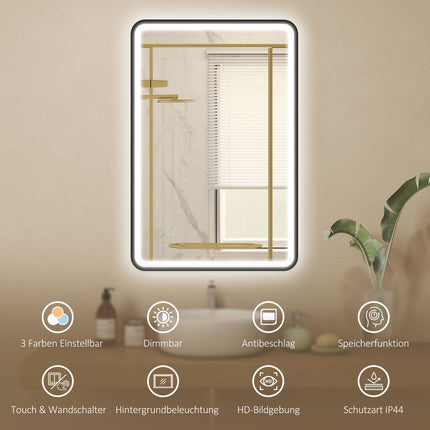 Miroir de salle de bain LED, 90 x 60 cm, intensité réglable, 3 couleurs, noir