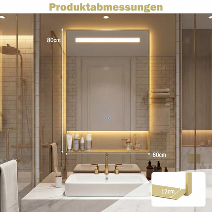 LED Bathroom Mirror, Anti-Fog, 3 Light Colors, 80x60 cm