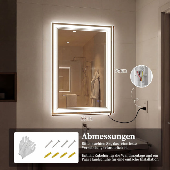 LED Badezimmerspiegel, Antibeschlag, Memoryfunktion, 70x50 cm