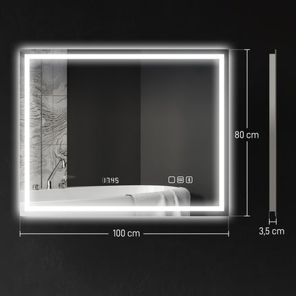 Miroir de salle de bain LED, Bluetooth, 80 x 100 cm, commande tactile