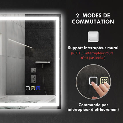 Miroir de salle de bain LED, Bluetooth, 80 x 100 cm, commande tactile