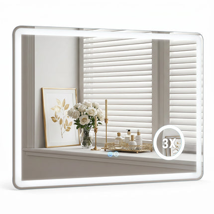 Miroir de salle de bain LED avec grossissement x3, antibuée, 80 x 60 cm