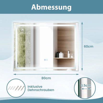 Miroir de salle de bain LED antibuée, 80 x 60 cm, double éclairage