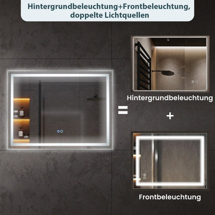 Miroir de salle de bain LED antibuée, 80 x 60 cm, double éclairage