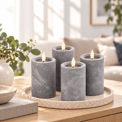 LED Block Candles Set of 4 in Concrete Look with Timer, Grey, Flameless