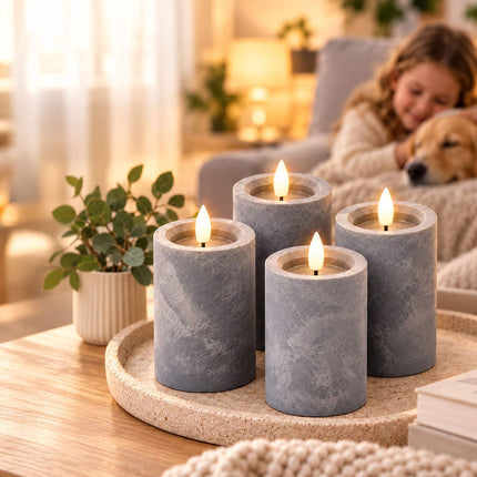 LED Block Candles Set of 4 in Concrete Look with Timer, Grey, Flameless