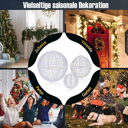 Ensemble de boules de Noël LED, 3 tailles, 435 LED, à suspendre en extérieur