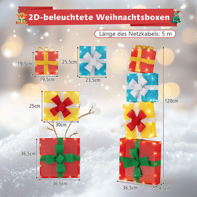 LED Weihnachtsgeschenkboxen-Set – 4 mehrfarbig beleuchtete Boxen