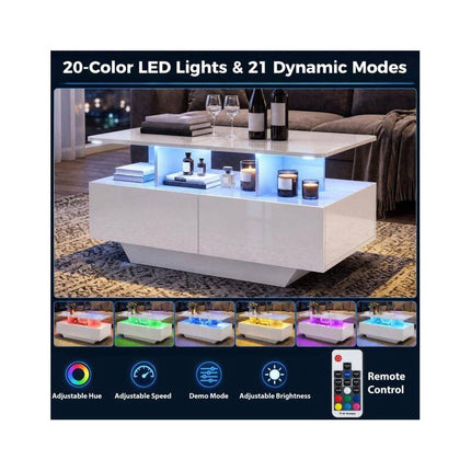 LED Coffee Table 90 cm with 2 Storage Drawers and Open Shelf, High Gloss White
