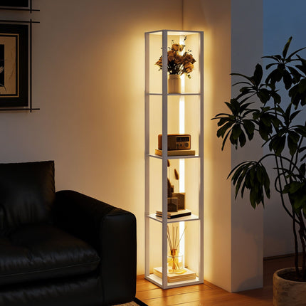 LED Floor Lamp with 4 Shelves, Dimmable, 3 Brightness Levels, Foot Switch, White