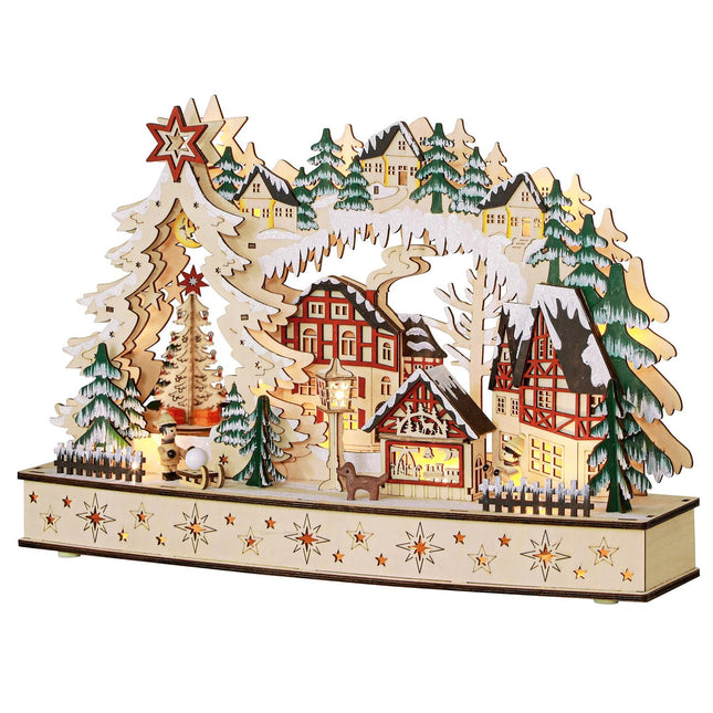 Village de Noël en bois éclairé par LED - 20 lumières, 45 x 12 x 30 cm