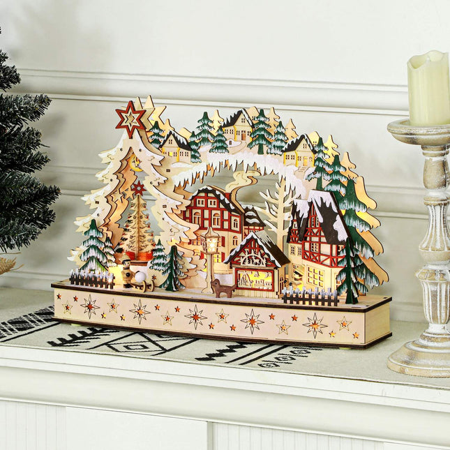 Village de Noël en bois éclairé par LED - 20 lumières, 45 x 12 x 30 cm