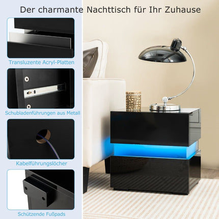 LED-Nachttisch-Set, 2 Schubladen, Schwarz, Fernbedienung