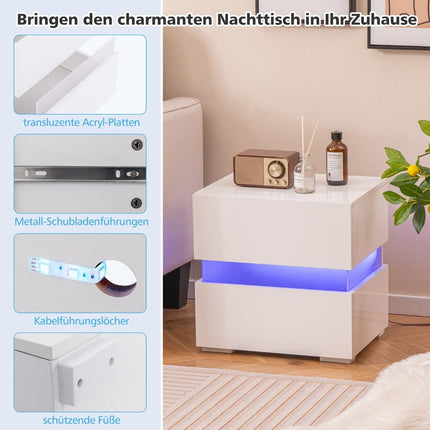 Ensemble de table de chevet LED avec 2 tiroirs, blanc, télécommandé