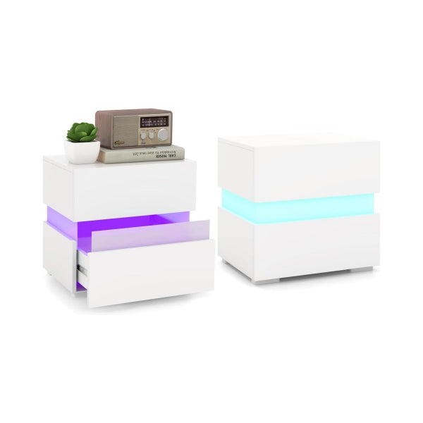 LED-Nachttisch-Set mit 2 Schubladen, Weiß, Fernbedienung
