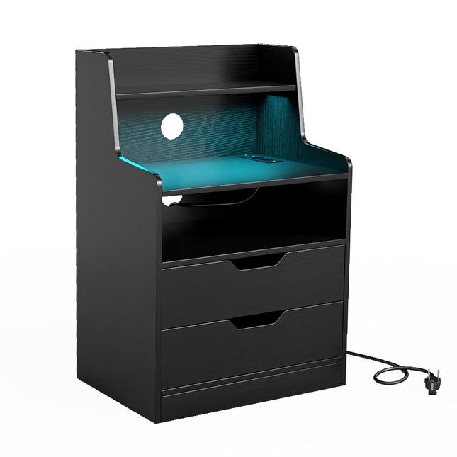 LED-Nachttisch mit Ladestation, 2 Schubladen, Schwarz