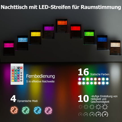 LED-Nachttisch mit Ladestation, 2 Schubladen, Rustikalbraun