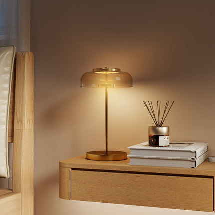 LED-Tischleuchte, warmes Licht, Metallsockel, Bernsteinglas-Schirm