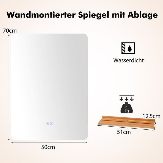 LED Badspiegel mit Beleuchtung &amp; Touchschalter &amp; Memoryfunktion Wandspiegel 70 x 50 cm