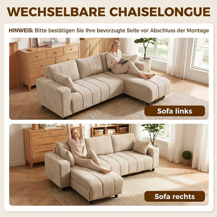 Canapé d'angle beige avec méridienne réversible, 4 places