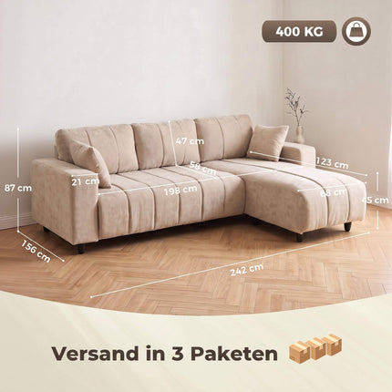 Canapé d'angle beige avec méridienne réversible, 4 places