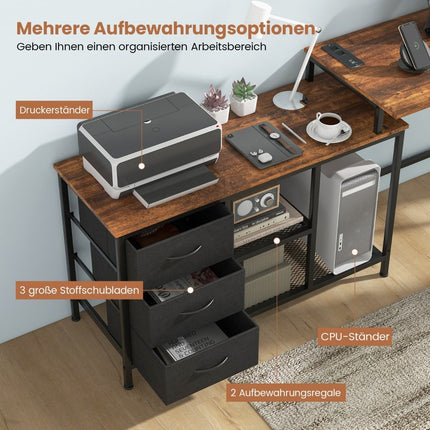 L-förmiger Schreibtisch mit Steckdose & Stoffschubladen, Braun