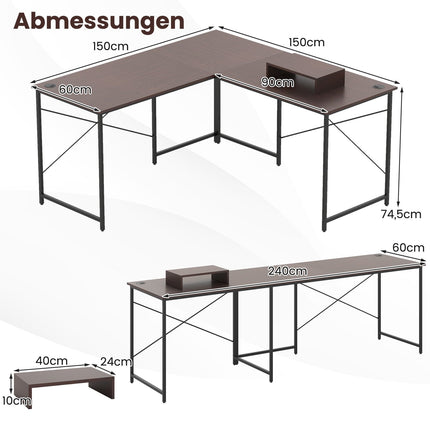 Bureau réversible en forme de L avec station de recharge, marron