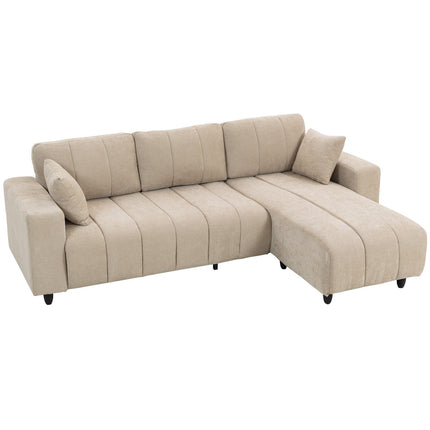 Canapé d'angle en L, beige, 3 places avec méridienne et coussins