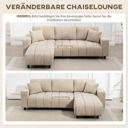 Canapé d'angle en L, beige, 3 places avec méridienne et coussins