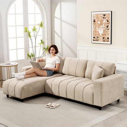 Canapé d'angle en L, beige, 3 places avec méridienne et coussins