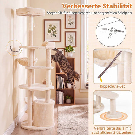 Grand arbre à chat beige avec poteaux à griffer, 149 cm