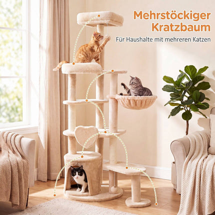 Grand arbre à chat beige avec poteaux à griffer, 149 cm