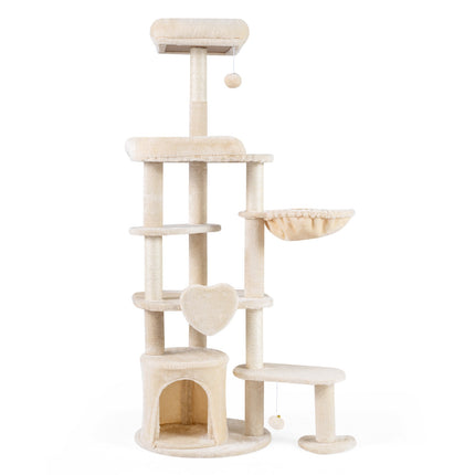 Grand arbre à chat beige avec poteaux à griffer, 149 cm