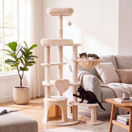 Grand arbre à chat beige avec poteaux à griffer, 149 cm