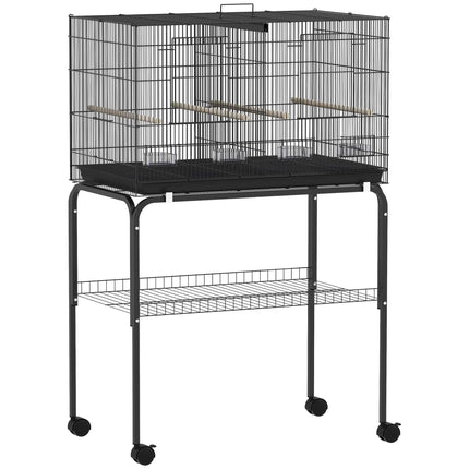 Grande cage à oiseaux avec support, 4 perchoirs, noire, 76 x 46 x 116 cm