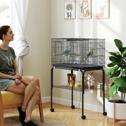 Grande cage à oiseaux avec support, 4 perchoirs, noire, 76 x 46 x 116 cm