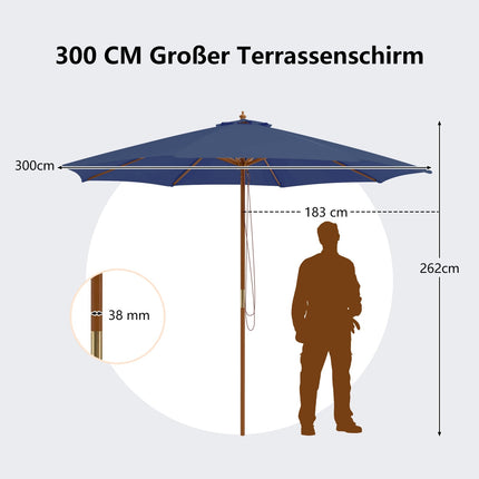 Großer blauer Sonnenschirm aus Holz, 300 cm, mit Winddach, verstellbar