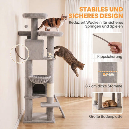 Large Cat Tree 184 cm with 5 Levels and Scratching Posts, 2 Caves, Light Grey