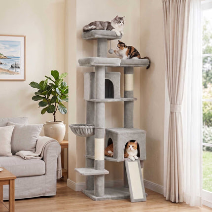 Large Cat Tree 184 cm with 5 Levels and Scratching Posts, 2 Caves, Light Grey