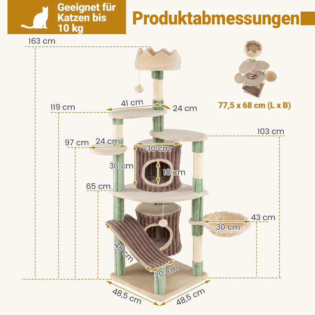 Grand arbre à chat avec 2 grottes, poteaux en sisal, perchoirs moelleux