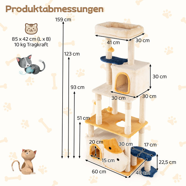 Grand arbre à chat avec motif de poissons, poteaux en sisal, beige