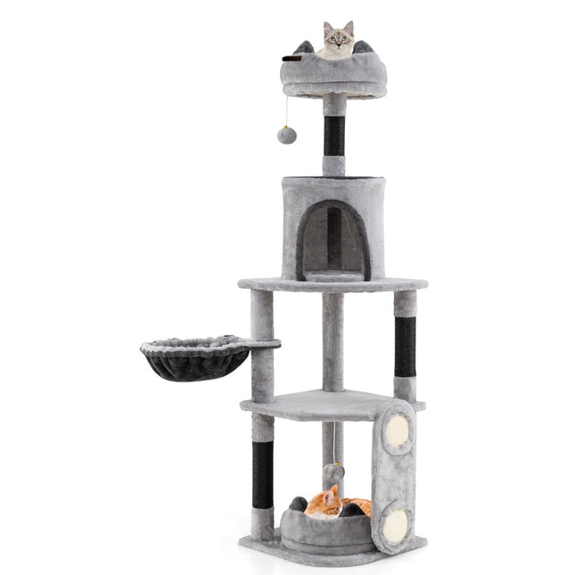 Grand arbre à chat avec hamac, grotte et plateformes - Gris