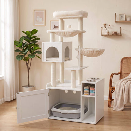 Grand arbre à chat avec meuble à litière et poteaux en sisal